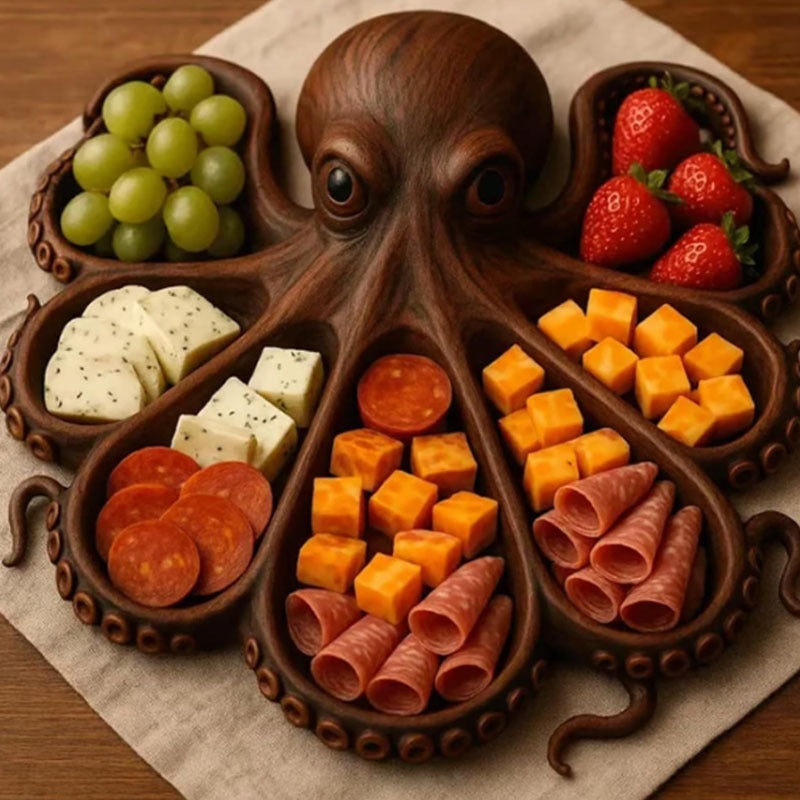 Style A Brown Artisan Crafted Solid Wood Octopus Charcuterie Board – Unique Appetizer & Cheese Serving Platter
