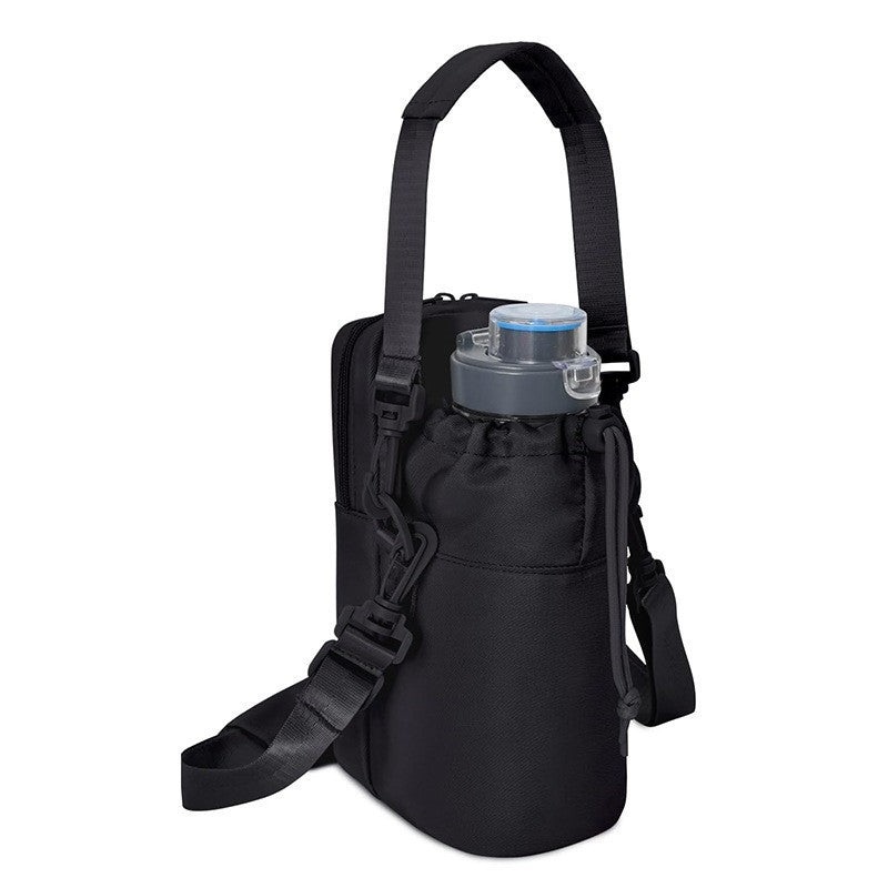 Black Stylish Water Bottle Carrier Bag with Phone Pocket, Key Clip & Adjustable Strap – Crossbody Sling Holder