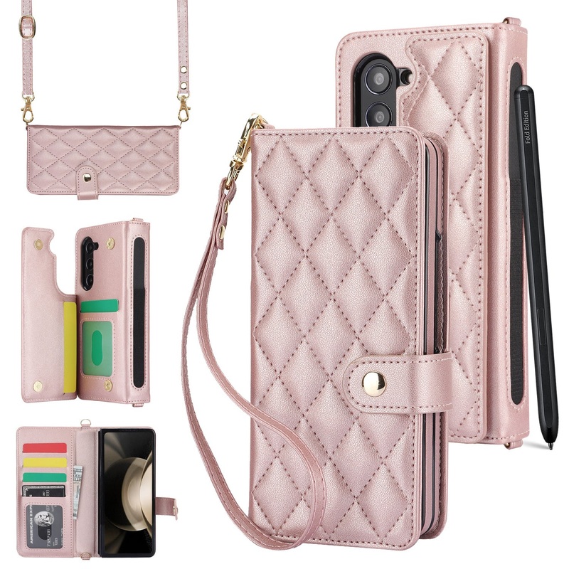 Rose Gold Galaxy Z Fold6 Multi-Functional Leather Wallet Case for Samsung Z Fold Series – Crossbody with Pen Slot, Quilted Design Pen Not Included
