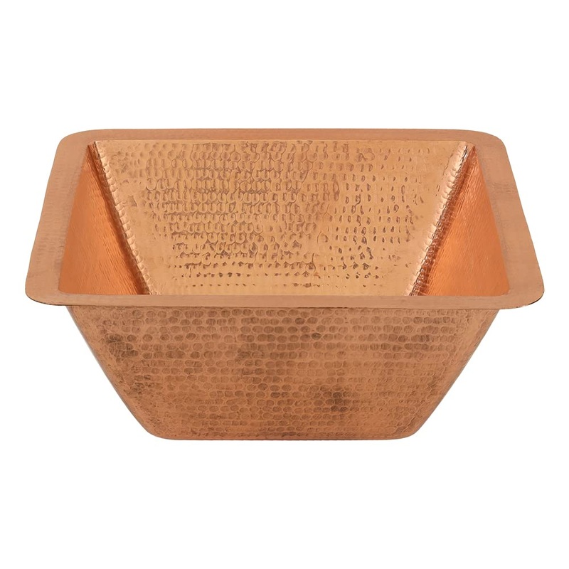 15″ Square Hammered Copper Bar/Prep Sink w/ 2″ Drain Opening in Polished Copper