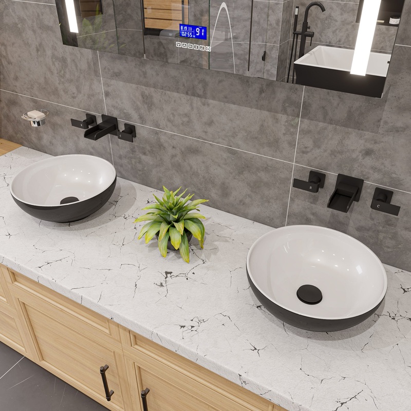 ALFI brand ABC906 Black & White 15″ Round Vessel Above Mount Ceramic Sink