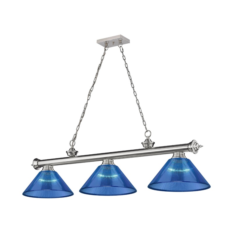 Cordon 3-Light Billiard Brushed Nickel Cone Dark Blue Acrylic