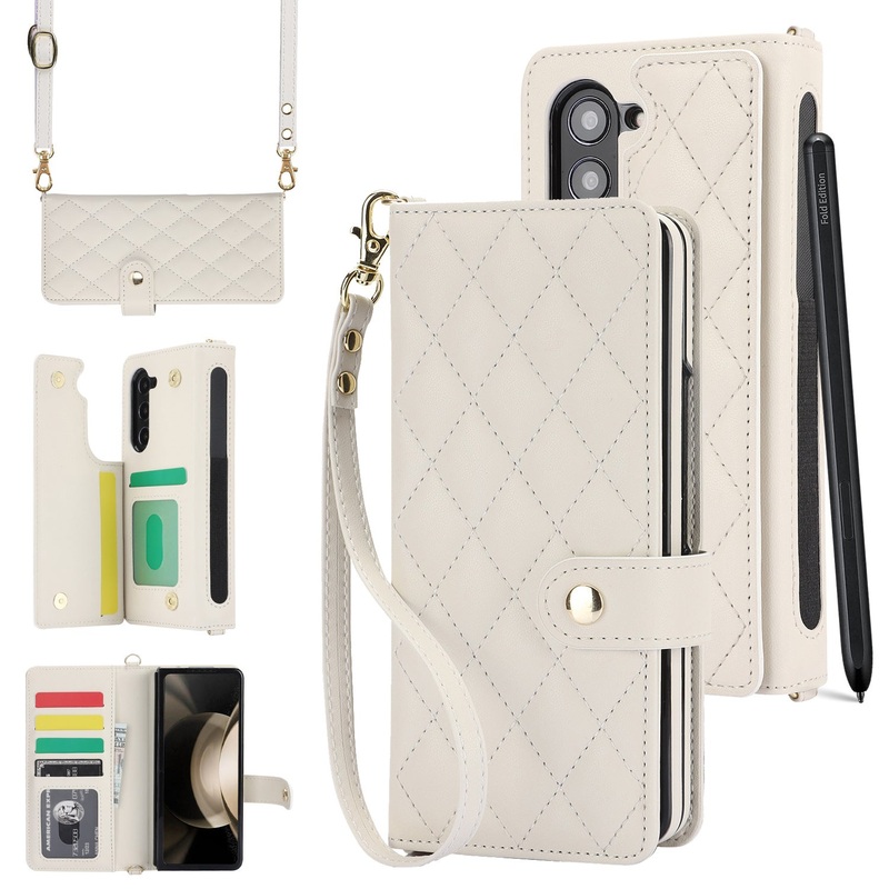 White Galaxy Z Fold4 Multi-Functional Leather Wallet Case for Samsung Z Fold Series – Crossbody with Pen Slot, Quilted Design Pen Not Included