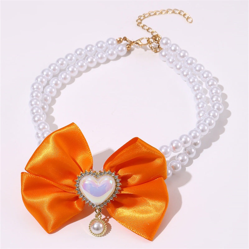 2 – PCS Cute Pet Pearl Necklace Collar with Orange Bow and Heart Charm – Size L