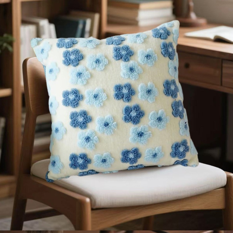 Blue Charming 3D Floral Plush Cushion Covers – Set of 4, 45x45cm Soft Faux Lambswool Pillowcases for Sofa & Bed Decor