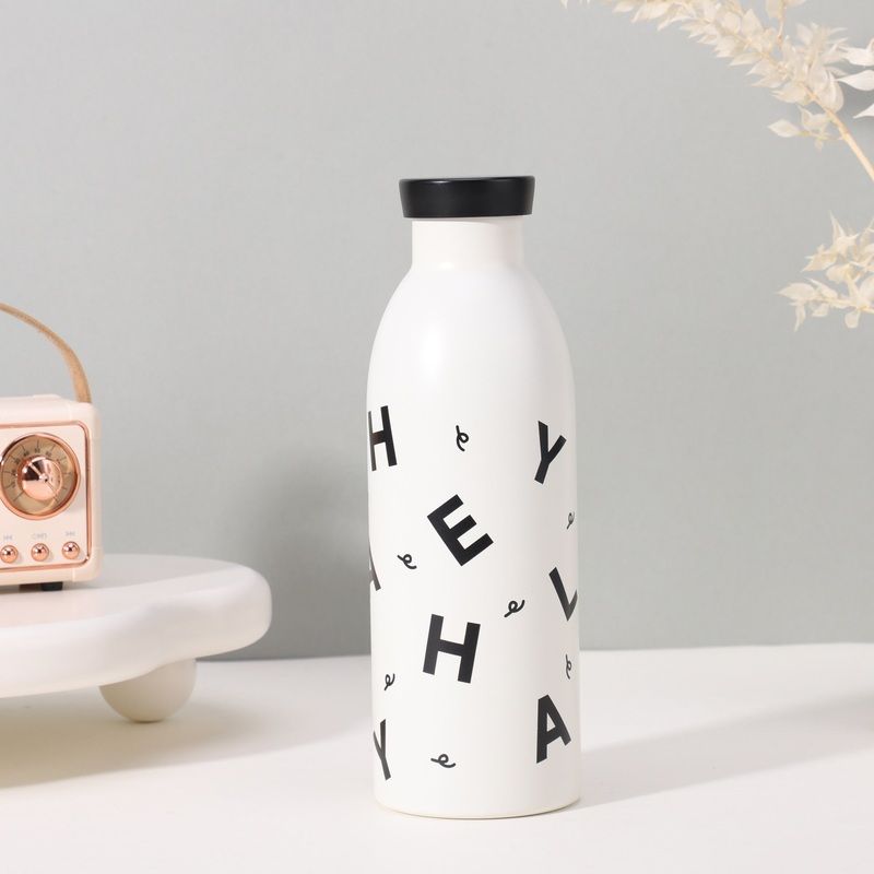 Cute Milk Bottle Thermos – 500ml Stainless Steel Insulated Water Bottle (White letters)