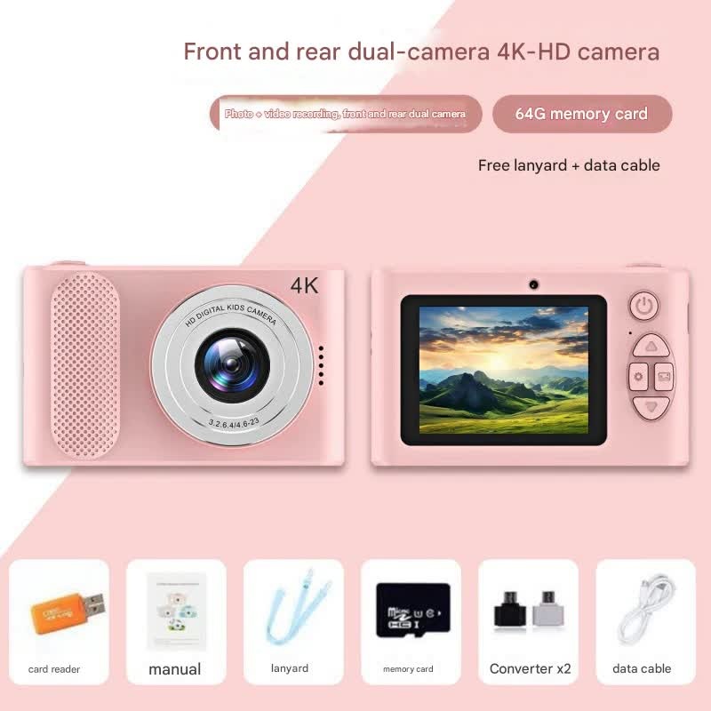 Ultra HD 4K Dual Lens Digital Camera – 44MP, 4X Zoom, 2.4″ Screen, Complete with 64GB Card (pink)