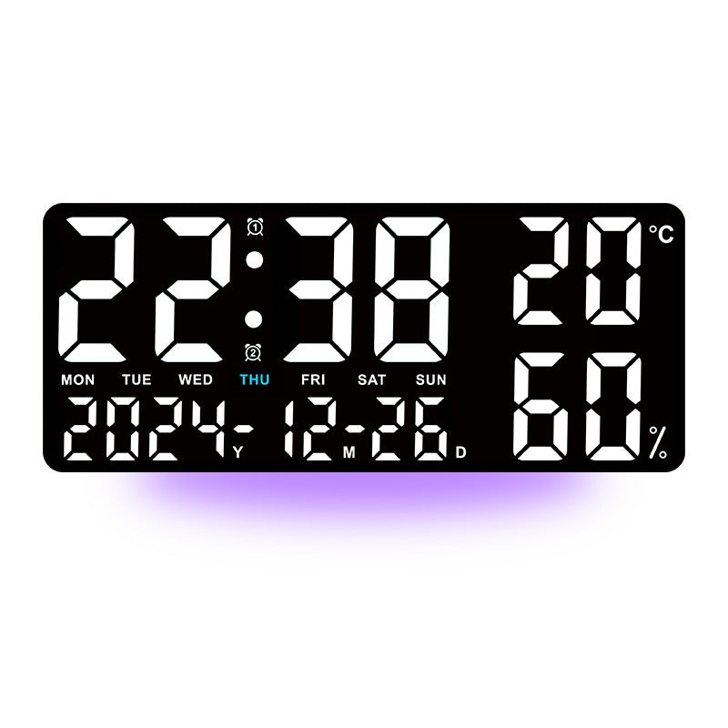 Black Background With White Light Sleek Large LED Digital Wall & Desk Clock – Remote Control, Temperature, Humidity, Dual Alarms, Calendar