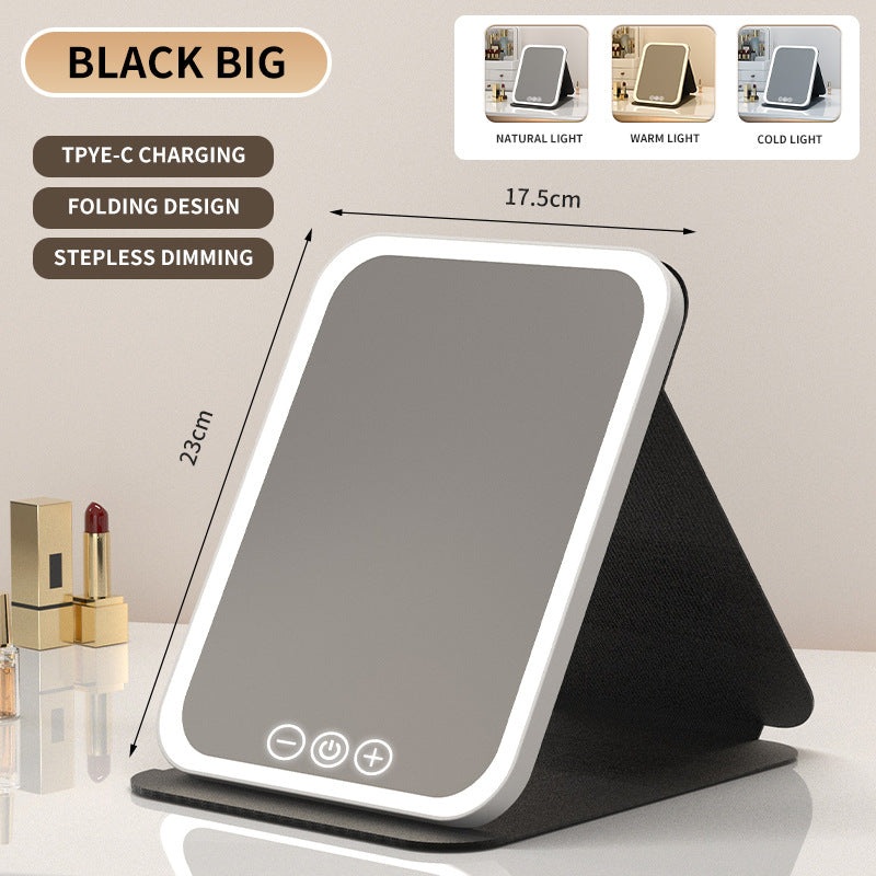 Black Large Foldable LED Makeup Mirror – Portable Desktop Vanity with 3 Color Lights, Stepless Dimming & Adjustable Stand