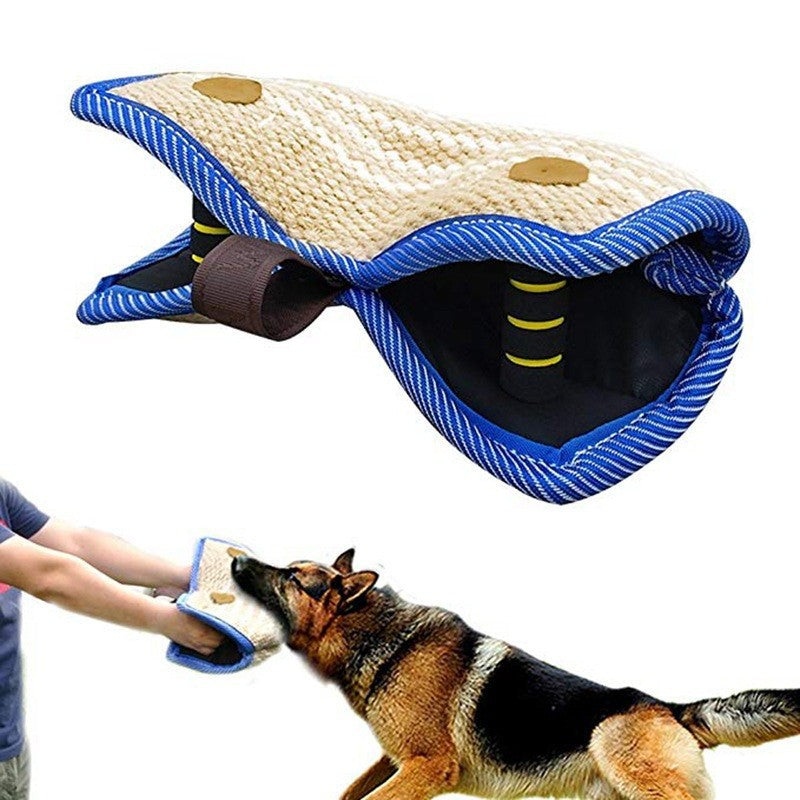 Blue and Khaki Heavy Duty Jute Dog Bite Pillow – Professional Training Tug Toy with 3 Handles for Schutzhund, K9, Agility & Bite Work