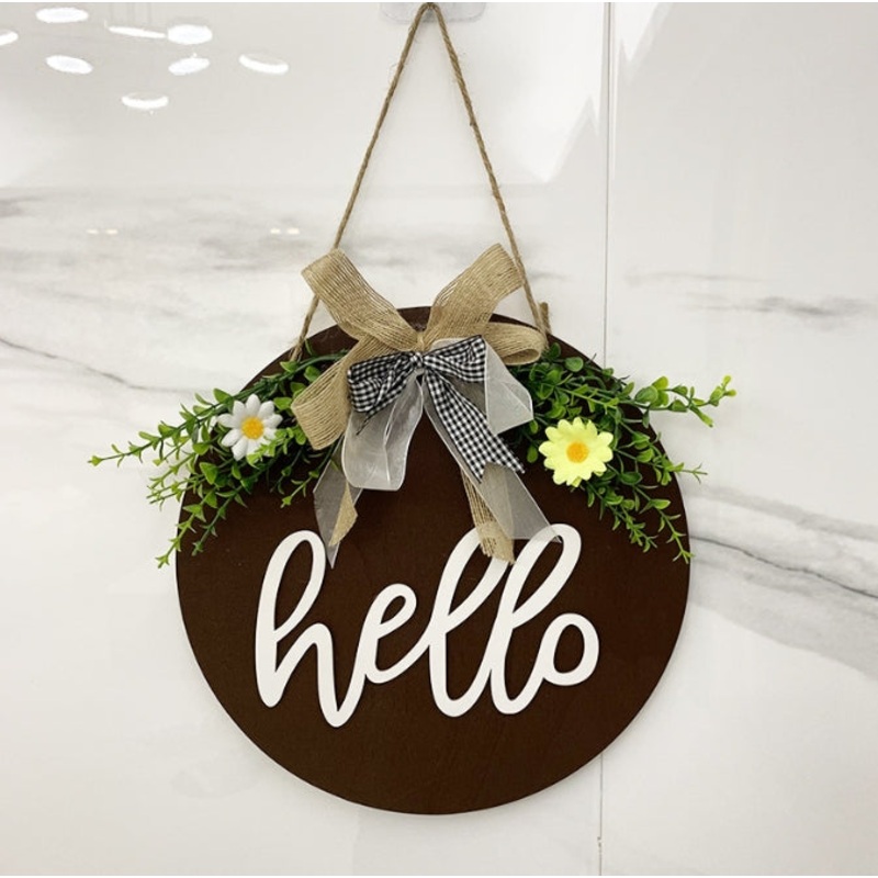 Brown Rustic ‘Hello’ Welcome Sign – Farmhouse Round Wooden Wreath for Front Door Decor