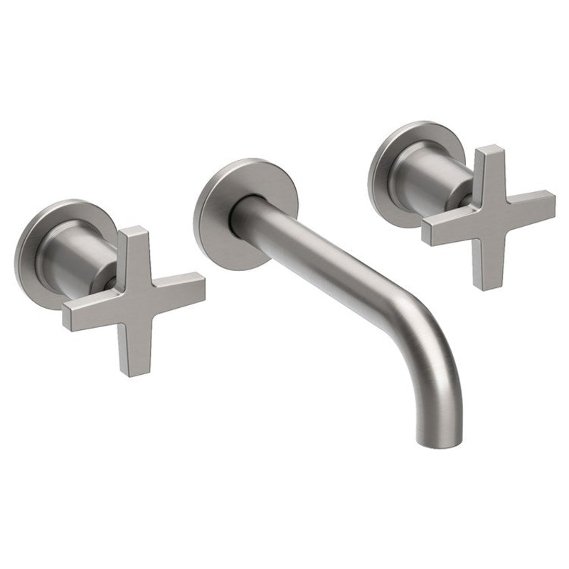 Lavatory Faucet Dorrance Wall Mount 8 Inch Spread 2 Cross ADA Watersense Stainless Steel PVD 1.2 Gallons Per Minute Brass Less Drain Spout Reach 7-1/9 Inch