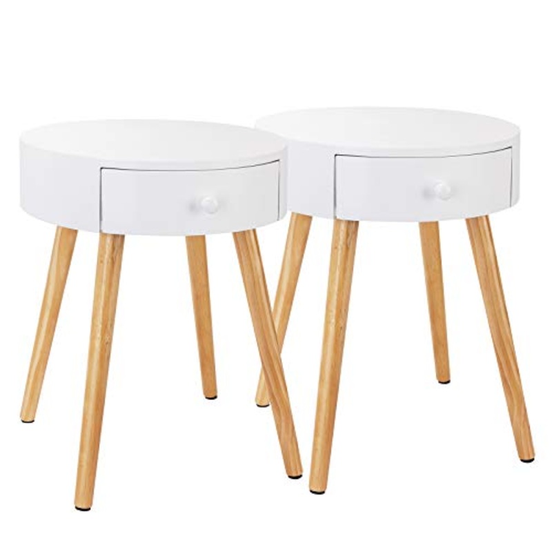 WOLTU TS51ws-2 Set di 2 Comodini con Cassetto Comodino Rotondo Tavolino da Salotto in Legno Bianco
