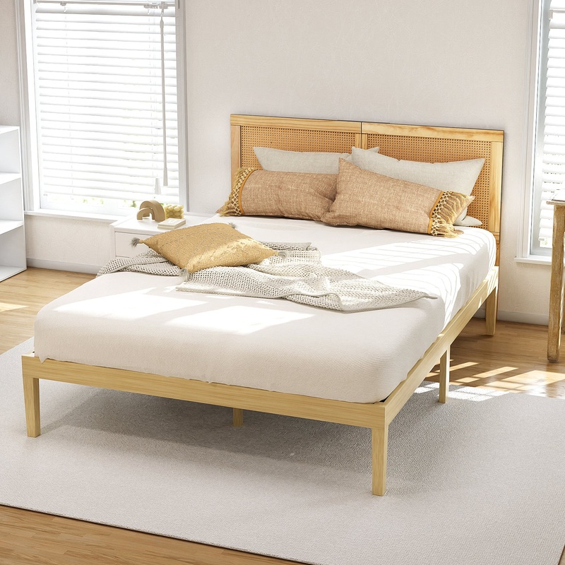 Artiss Bed Frame Double Size with Rattan Headboard Wooden Bed Base BRUNO
