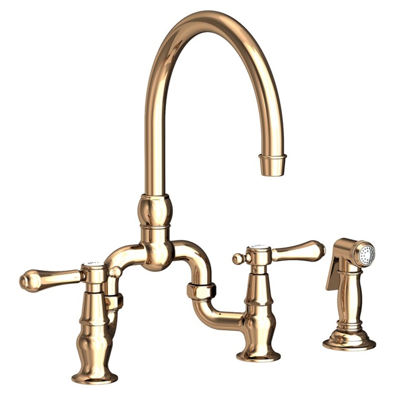 Kitchen Faucet Chesterfield Bridge 8 Inch Spread 2 Lever ADA French Gold PVD Pull Out Sidespray Spout Height 9 Inch Spout Reach 7-1/8 to 9 Inch 1.8 Gallons per Minute