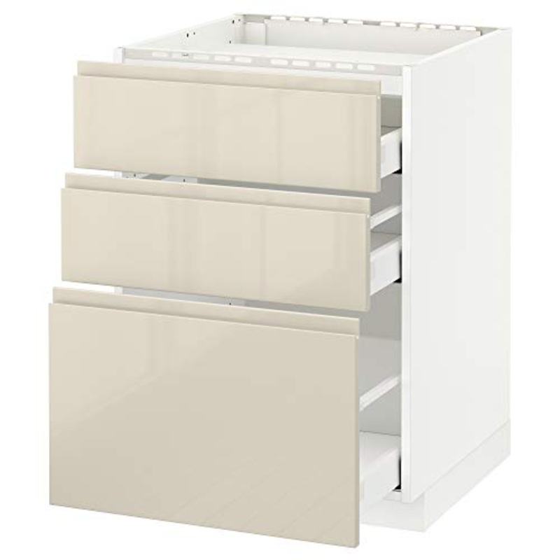 METOD/MAXIMERA base cabina f piano cottura/3 frontali/3 cassetti 60×62.1×88 cm bianco/Voxtorp lucido beige chiaro
