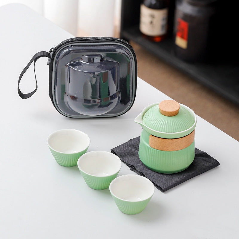 Portable Ceramic Travel Tea Set – One Pot Three Cups with Carrying Case, Elegant Frosted Finish(green)