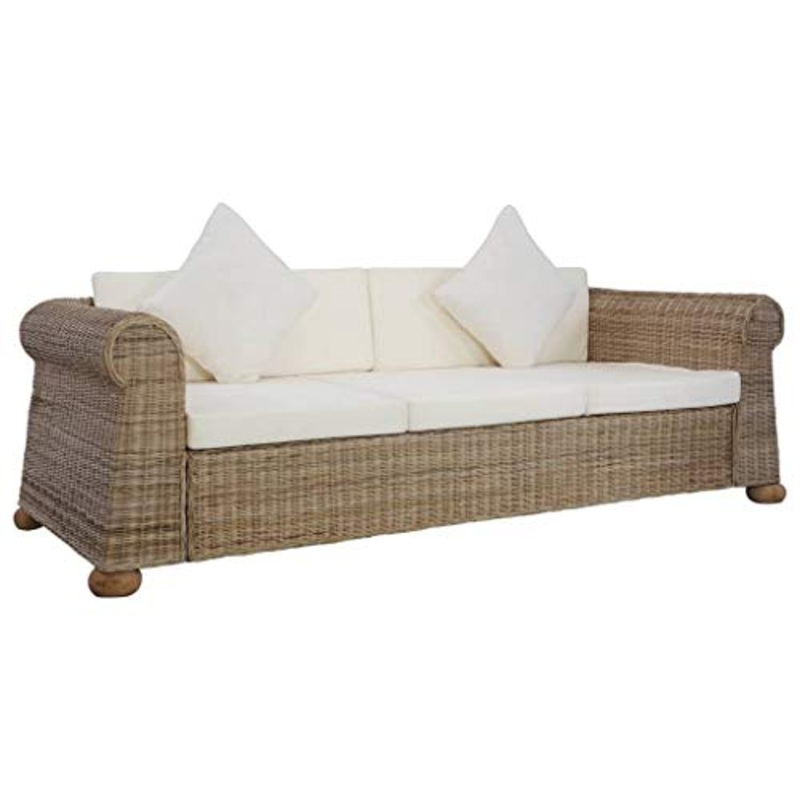 vidaXL Divano a 3 Posti con Cuscini Comodo Rilassante Confortevole Solido Robusto Pratico Resistente Durevole Sofa Poltrona in Rattan Naturale