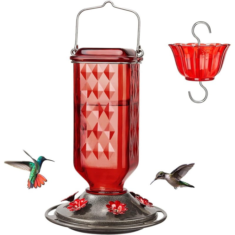 Elegant Hanging Hummingbird Feeder – Decorative Glass Nectar Bottle with Ant Moat, 6 Feeding Ports(Red)
