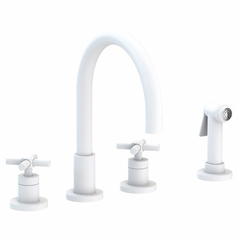 Kitchen Faucet East Linear 8 to 20 Inch Spread 2 Cross ADA Matte White Pull Out Sidespray Spout Height 5-5/7 Inch Spout Reach 7-7/8 Inch 1.8 Gallons per Minute
