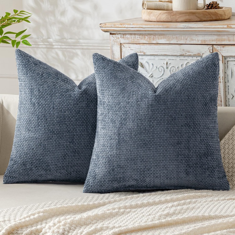 Light Blue Plush Chenille Cushion Covers Set of 2 – Soft Textured Decorative Throw Pillow Cases for Sofa Couch, 45x45cm