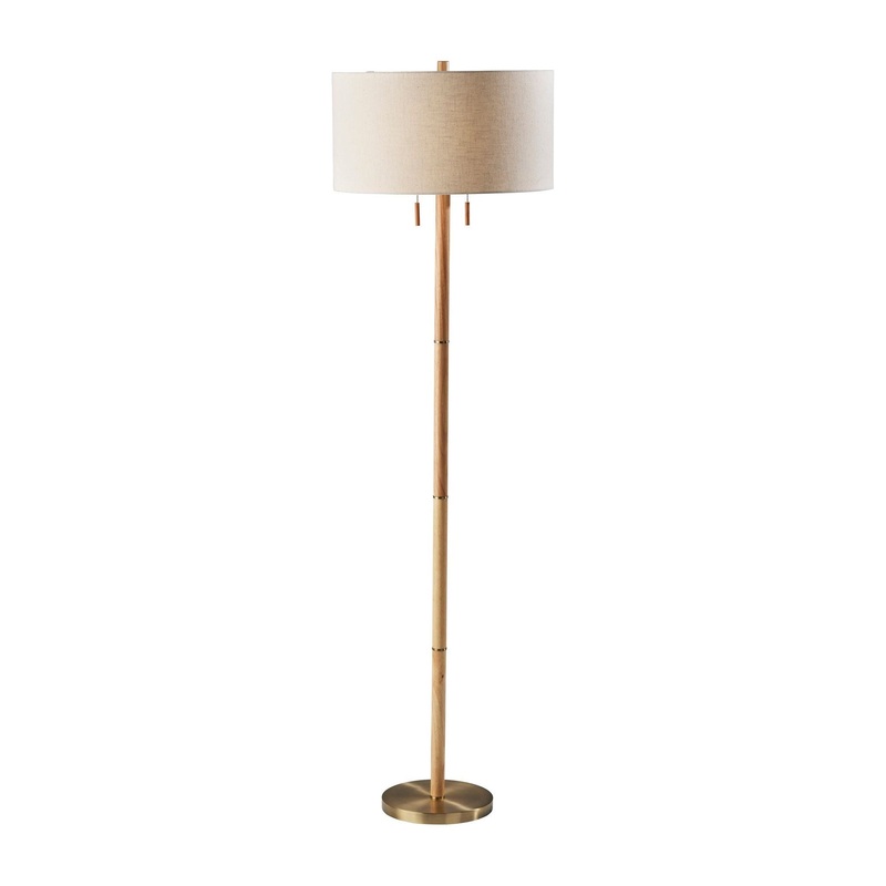 Madeline Floor Lamp Natural Rubberwood & Antique Brass