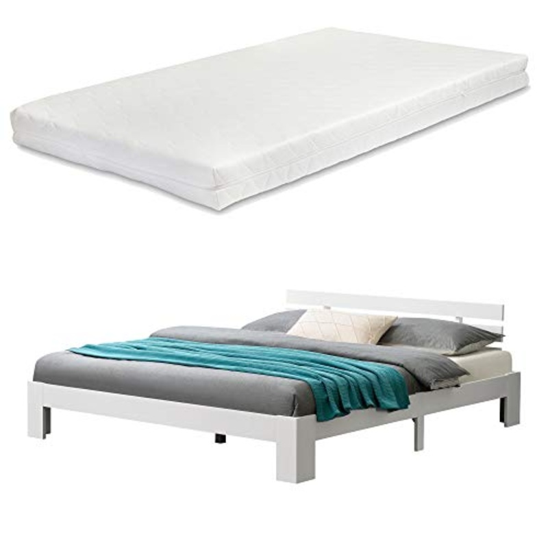 [en.casa] Letto in Legno di Pino con Materasso a Schiuma Fredda 180 x 200 cm Letto Matrimoniale King Size con Testiera in Stile Moderno – Bianco