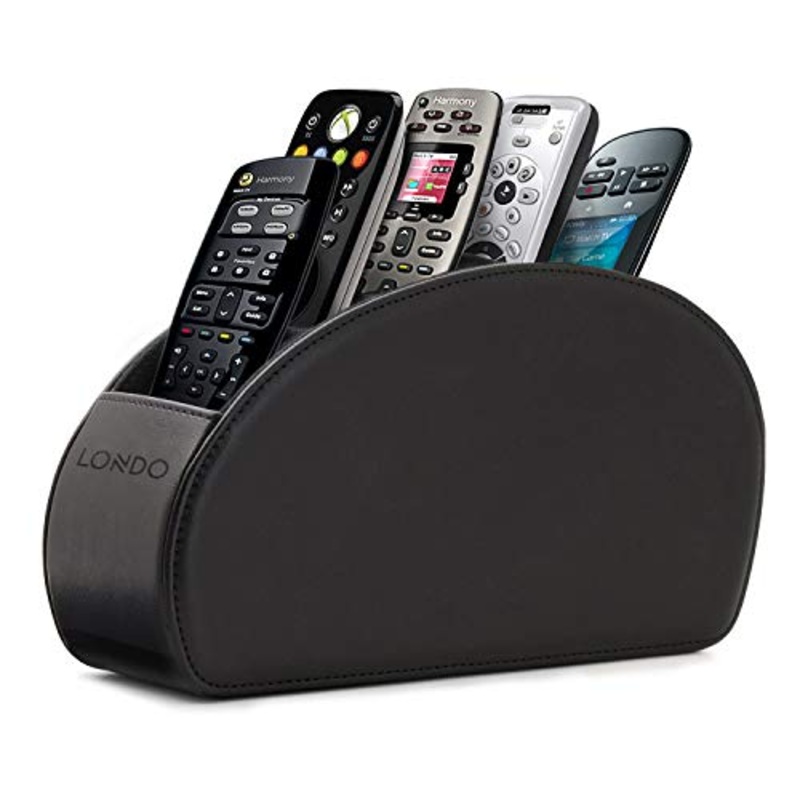 Londo Porta Telecomandi con 5 scomparti – Per contenere telecomandi di TV, stereo, decoder, DVD, Blu-Ray – in Ecopelle con fodera interna in suede. Adatto per salotto o camera da letto, nero