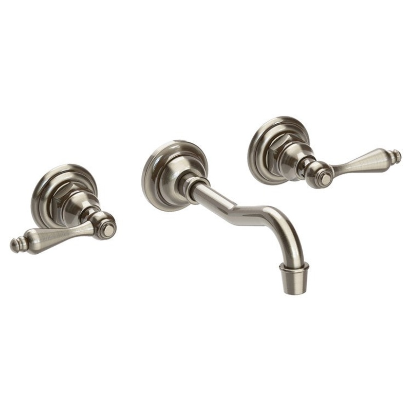 Lavatory Faucet Chesterfield Wall Mount 8 Inch Spread 2 Lever ADA WaterSense Antique Nickel 1.2 Gallons Per Minute Brass Less Drain Spout Reach 7-1/4 Inch