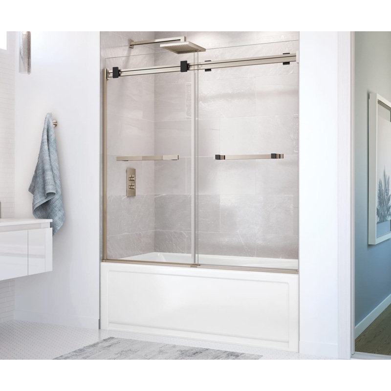 MAAX 136270-900-289-000 Duel 56-59 x 55  x 59 in. 8 mm Bypass Tub Door for Alcove Installation with Clear glass in Brushed Nickel & Matte Black