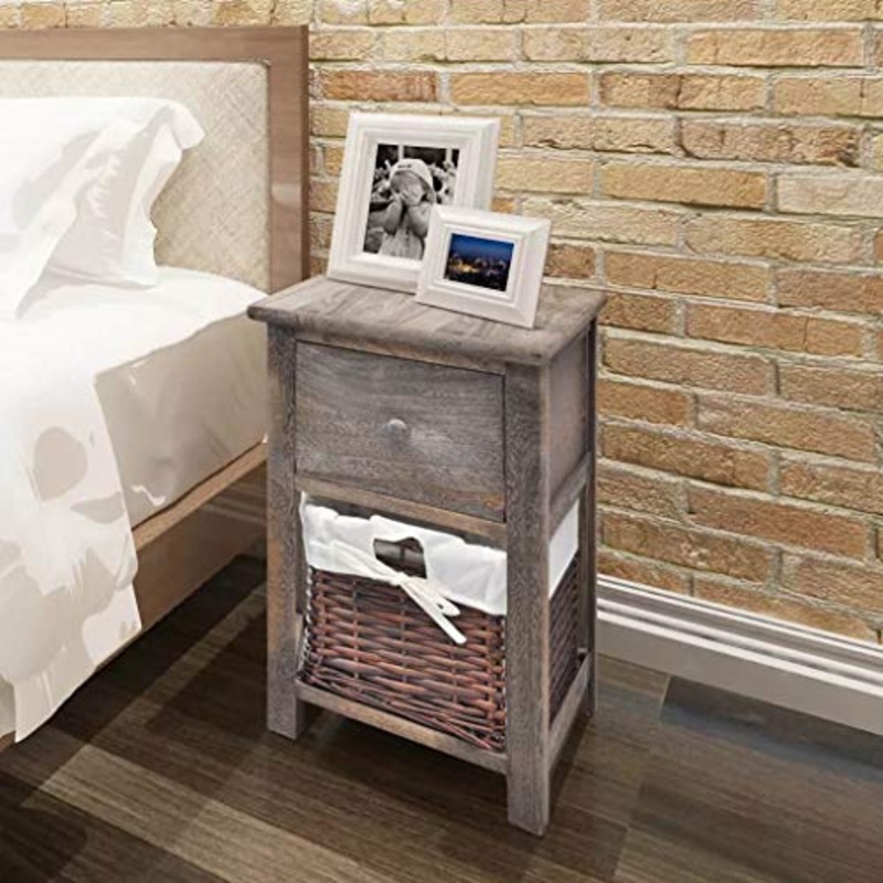 Zora Walter – Comodino in Legno, Stile Shabby Chic, con 1 cassetto e 1 Cestino, Colore: Marrone