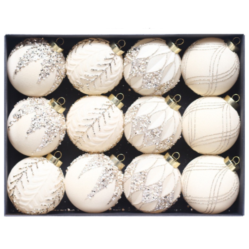 Beige-yellow 12-Piece 8cm Christmas Bauble Set – Colorful Flocked Tree Ornaments