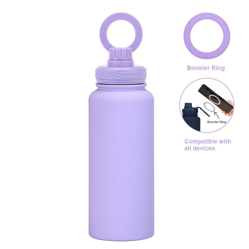 Purple 1L Stainless Steel Water Bottle with Magnetic Phone Holder Lid – Portable Hydration & Hands-Free Stand