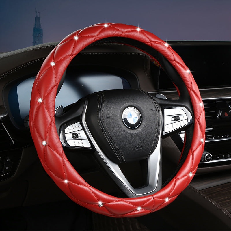 Red Luxury Bling Steering Wheel Cover – Black Quilted Leather with Crystal Rhinestones, Universal 38cm Fit