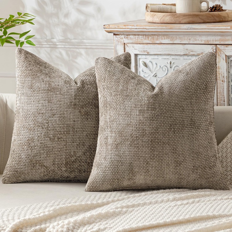Khaki Plush Chenille Cushion Covers Set of 2 – Soft Textured Decorative Throw Pillow Cases for Sofa Couch, 45x45cm