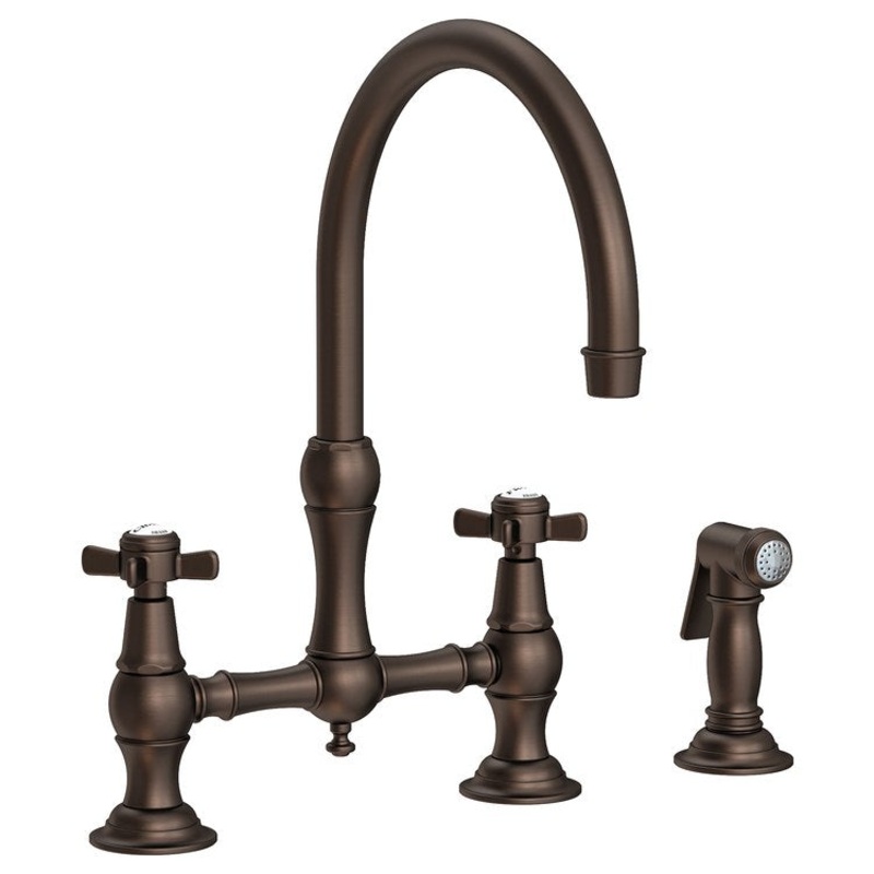Kitchen Faucet Fairfield Bridge 8 Inch Spread 2 Cross ADA English Bronze Side Spray Spout Height 9 Inch Spout Reach 9 Inch 1.8 Gallons per Minute