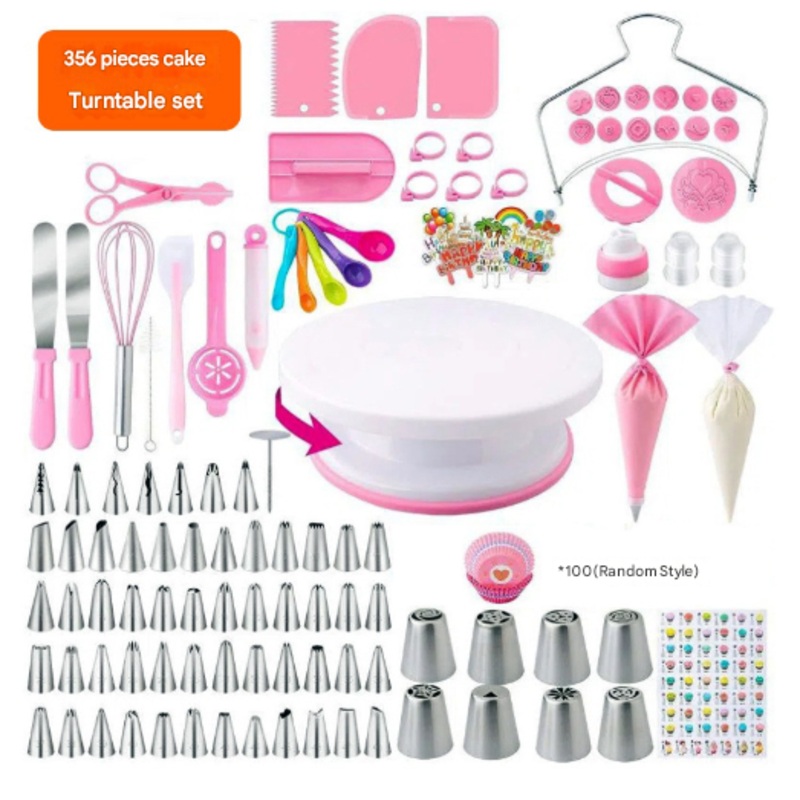 Pink Comprehensive 356-Piece Cake Decorating Kit – Turntable, Piping Tips & Baking Tools Set