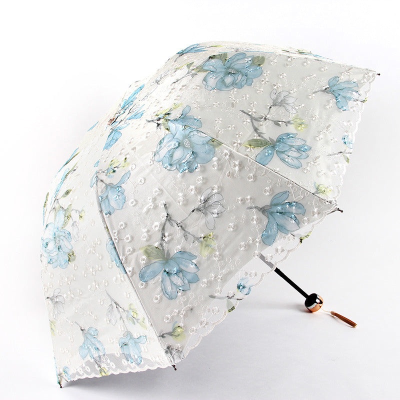 Water blue Elegant Lace Parasol – UV Protection, Sun & Rain Umbrella, Tri-Fold Design