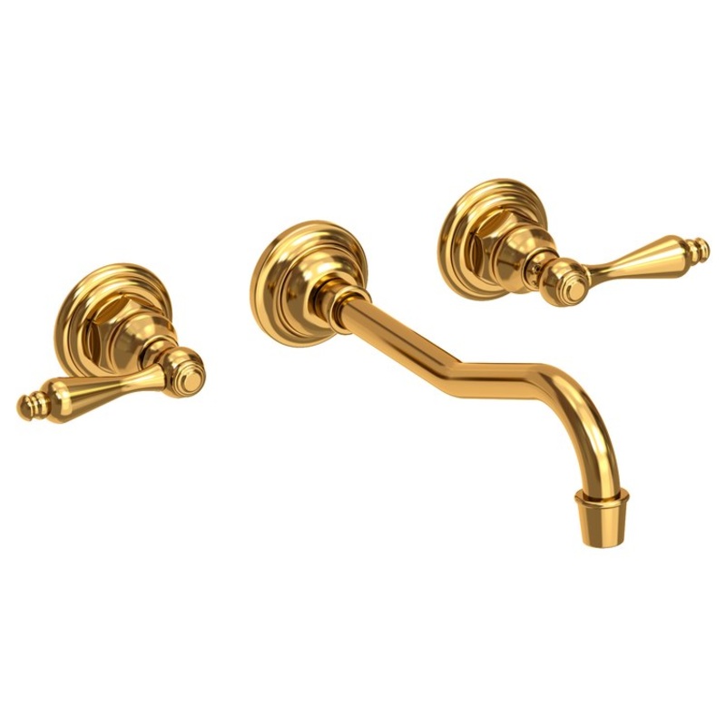 Lavatory Faucet Chesterfield Wall Mount 8 Inch Spread 2 Lever ADA WaterSense Aged Brass 1.2 Gallons Per Minute Brass Less Drain Spout Reach 9-3/4 Inch