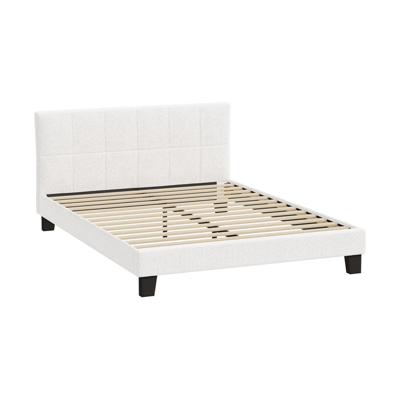 Oikiture Bed Frame Queen Size Base White Boucle TOFU