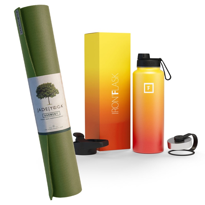 Jade Yoga Harmony Mat – Olive & Iron Flask Wide Mouth Bottle with Spout Lid, Fire, 32oz/950ml Bundle