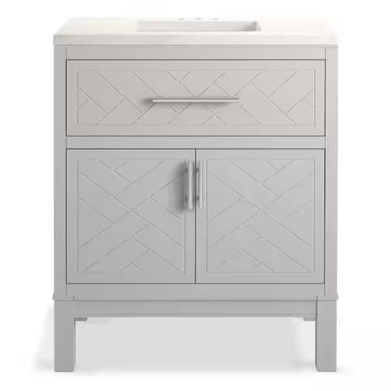 KOHLER Accra 30in. Single Sink Freestanding Atmos Grey Bath Vanity with Bianco Bella Quartz Top Assembled R35898-ASB-AGA