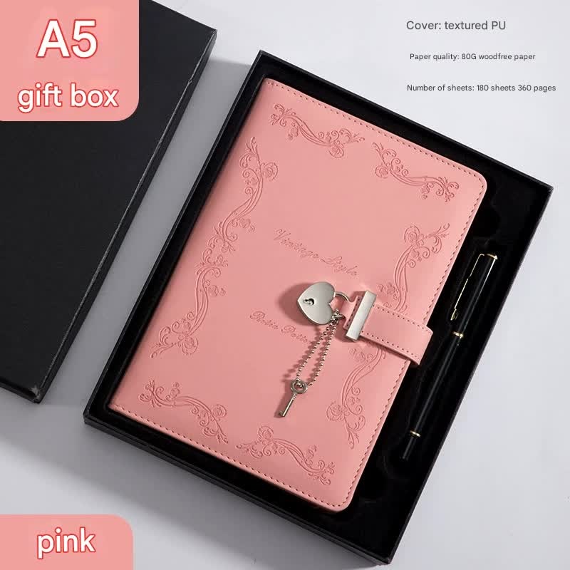 Heart Lock Diary with Key – Vintage Style Journal, Pink PU Leather, Secure and Elegant