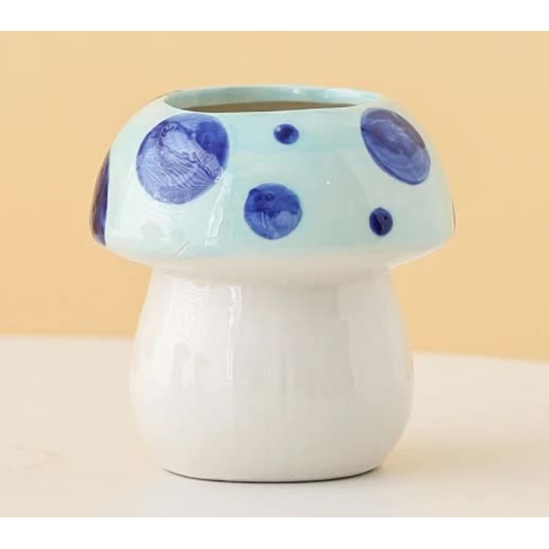 Blue Adorable Ceramic Mushroom Desk Organizer – Cute Pen & Makeup Brush Holder