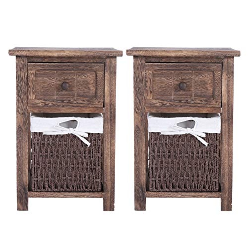 Comodino Comodino Portaoggetti in Legno Naturale 2 Pezzi/Set con Cassetto E Cestino per Camera da Letto Bagno (Marrone)