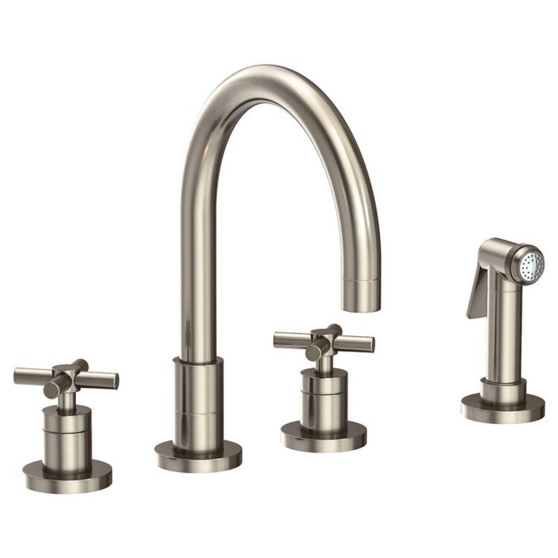 Kitchen Faucet East Linear 8 to 20 Inch Spread 2 Cross ADA Antique Nickel Pull Out Sidespray Spout Height 5-5/7 Inch Spout Reach 7-7/8 Inch 1.8 Gallons per Minute