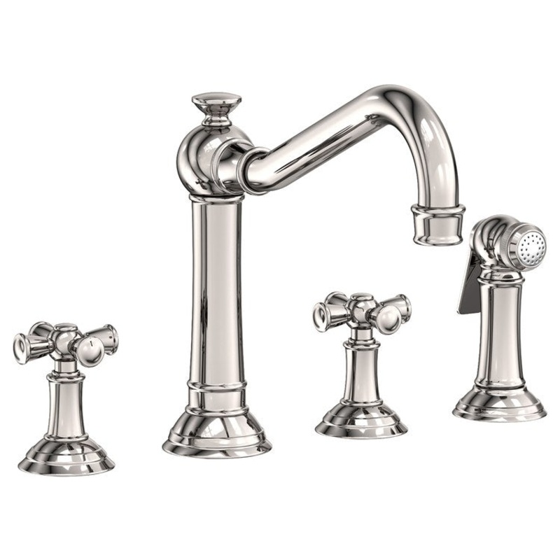 Kitchen Faucet Jacobean Widespread 8 Inch Spread 2 Cross ADA Polished Nickel Sidespray Spout Height 6 Inch 1.8 Gallons per Minute