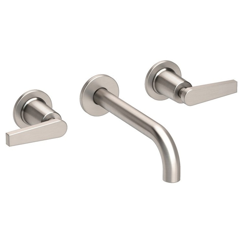 Lavatory Faucet Dorrance Wall Mount 8 Inch Spread 2 Lever ADA Watersense Satin Nickel PVD 1.2 Gallons Per Minute Brass Less Drain Spout Reach 7-1/9 Inch