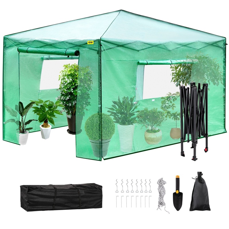 VEVOR 12’x 8’x 8′ Pop-Up Greenhouse, Set Up in Minutes, Portable Greenhouse with Doors & Windows. High Strength PE Cover & Powder-Coated Steel Construction