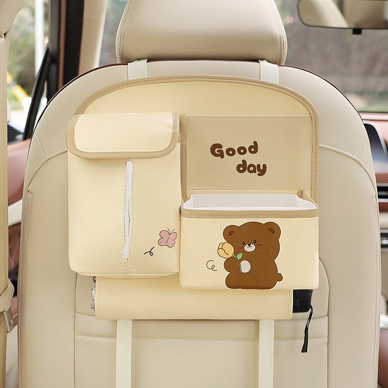 Beige Cute Cartoon Car Backseat Organizer with Multi-Pocket Storage and PP Trash Bin – 400g Lightweight PU Leather